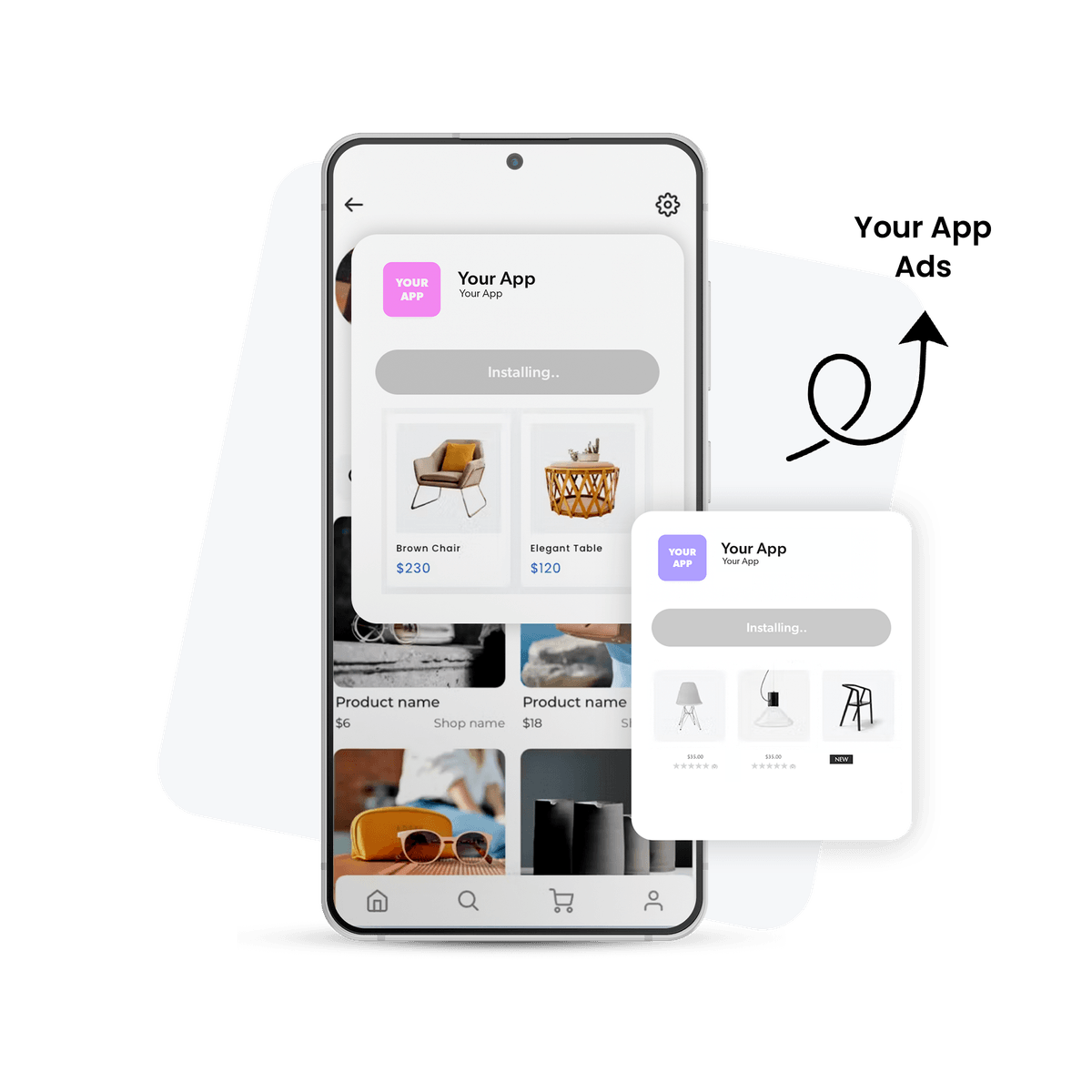 Smartphone showcasing the OffersMeta DSP platform within an e-commerce application.