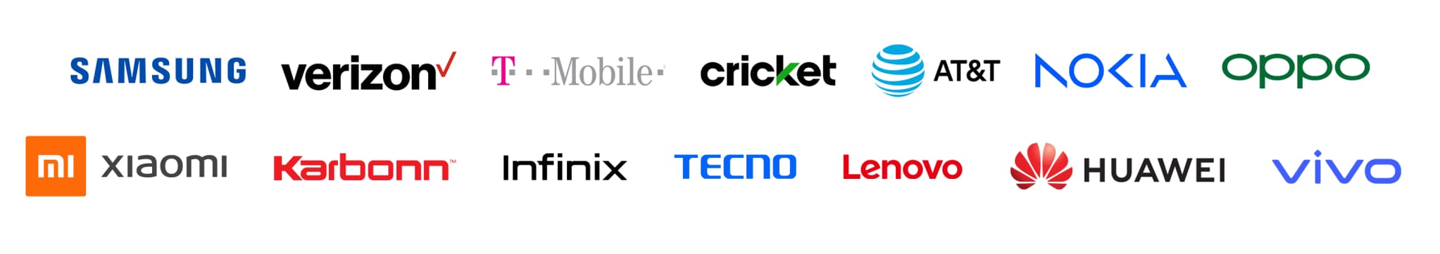 A collage of partner logos including Samsung, Verizon, T-Mobile, AT&T, Xiaomi, and Huawei